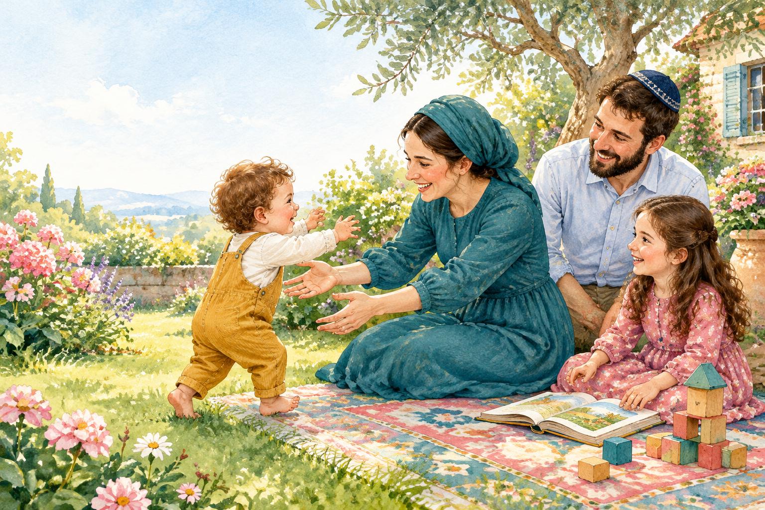 משפחה מלווה פעוט בצעדיו הראשונים בגינה